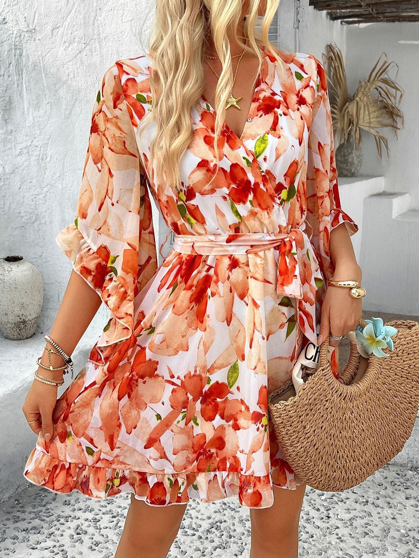 RUFFLE FLORAL WRAP MINI DRESS ORANGE SUMMER