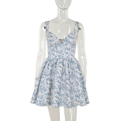 Floral Vintage Court A line Casual Sweet Slim Fit Hip Wrapped Short Dress