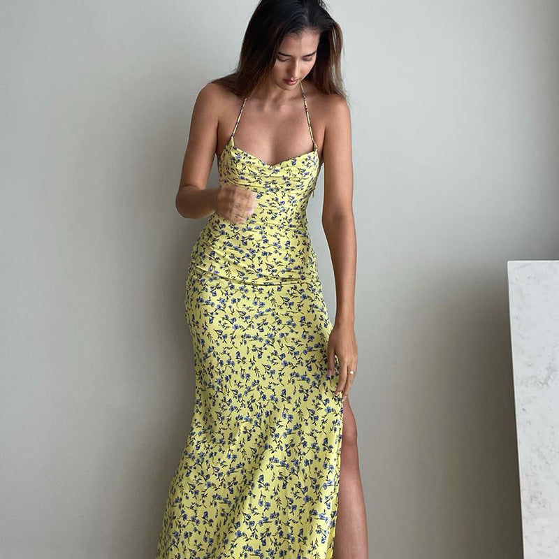 Ditsy Floral Print Halter Neck Tie-Front Ruched High-Slit Maxi Dress