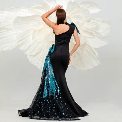 High End Sleeveless Elegant One Shoulder Diagonal Collar Cocktail Hairtail Evening Dress Bridesmaid Dress