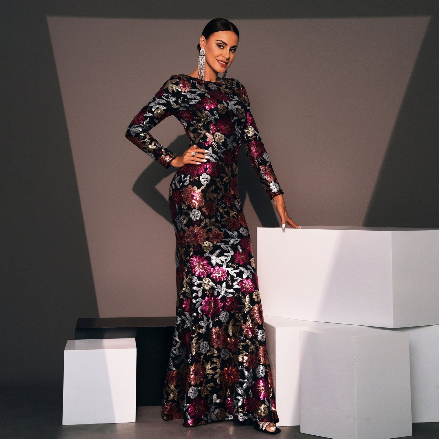 Evening Dress Long Sleeve Crew Neck Slim Long Sequined Cocktail Bridesmaid Dress