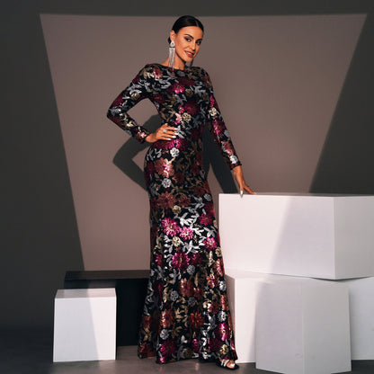 Evening Dress Long Sleeve Crew Neck Slim Long Sequined Cocktail Bridesmaid Dress