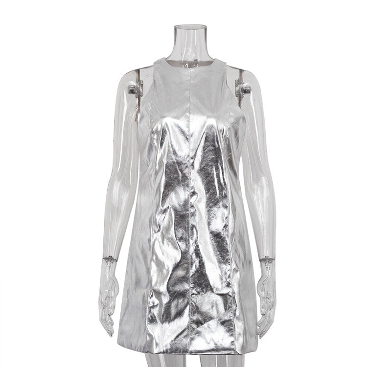 Reflective Faux Leather Nightclub Vest Dress Sleeveless Short Dress
