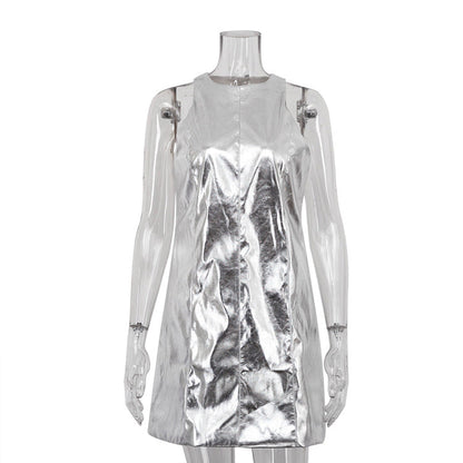 Reflective Faux Leather Nightclub Vest Dress Sleeveless Short Dress
