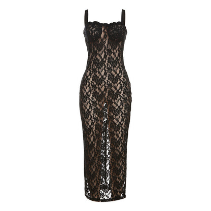 off Neck See through Lace Slim Dress for