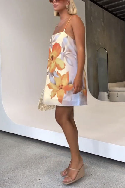 Summer Surprise Linen Blend Floral Print Slip H-line Mini Dress