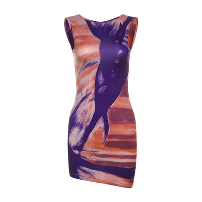 Fall Backless Slim Fit Round Neck Sheath Print Dress