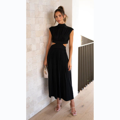 Mock Neck Cap Sleeve Pleated Bodice Waist Cutout Flared Midi Dress