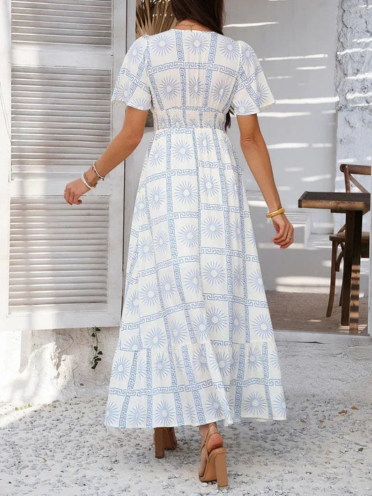 White Floral Maxi Dress With Blue Sun Pattern