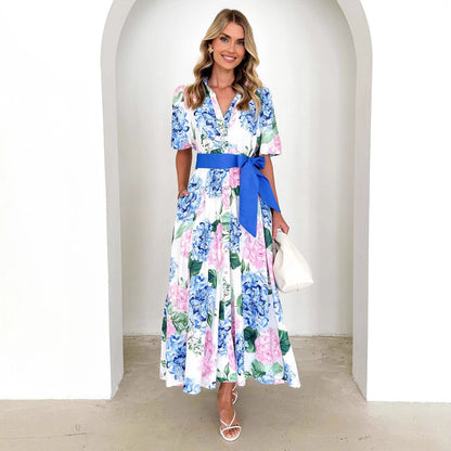 Printing Bohemian Dress Short Sleeves Belt a Word Dress Ladies
