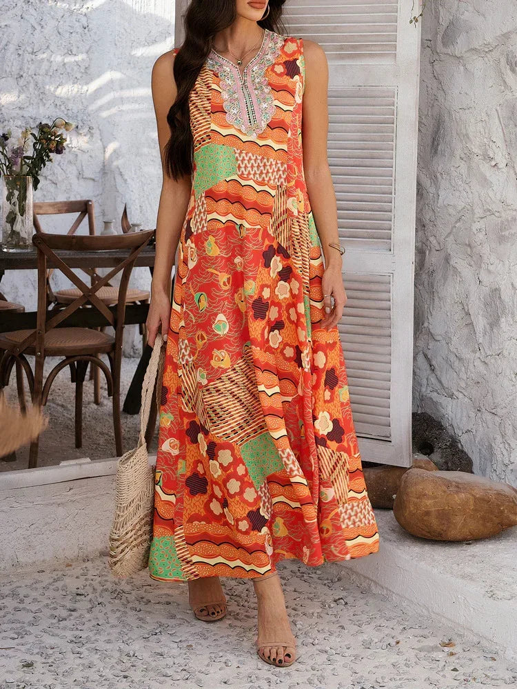 Orange Sleeveless Summer Maxi Dress Resort Wear