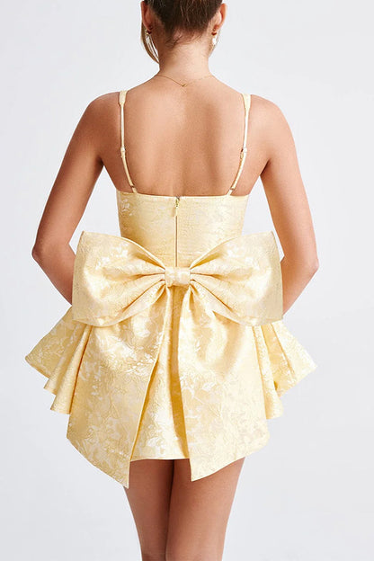 Jacquard Fabric Halter Back Elegant Bow Slim Fit Mini Dress