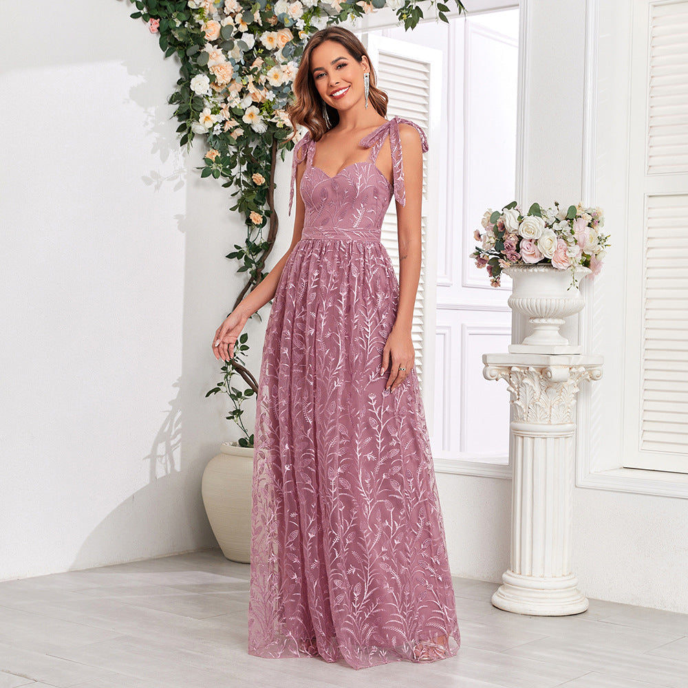 Embroidery Pattern Tied V neck U Back Zipper Large A Hem Full Lining Party Evening Dress