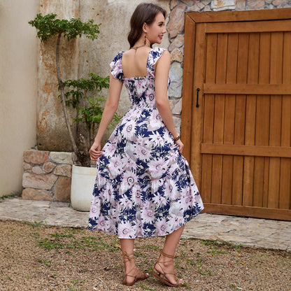 Large Floral Print Square Neck Smocked Bodice Ruffle Strap Tiered Midi Dress