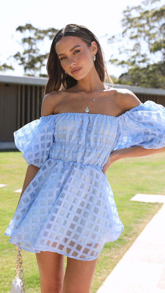 Off Shoulder Puff Sleeve Checkered Sheer Grid Babydoll Mini Dress