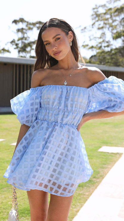 Off Shoulder Puff Sleeve Checkered Sheer Grid Babydoll Mini Dress