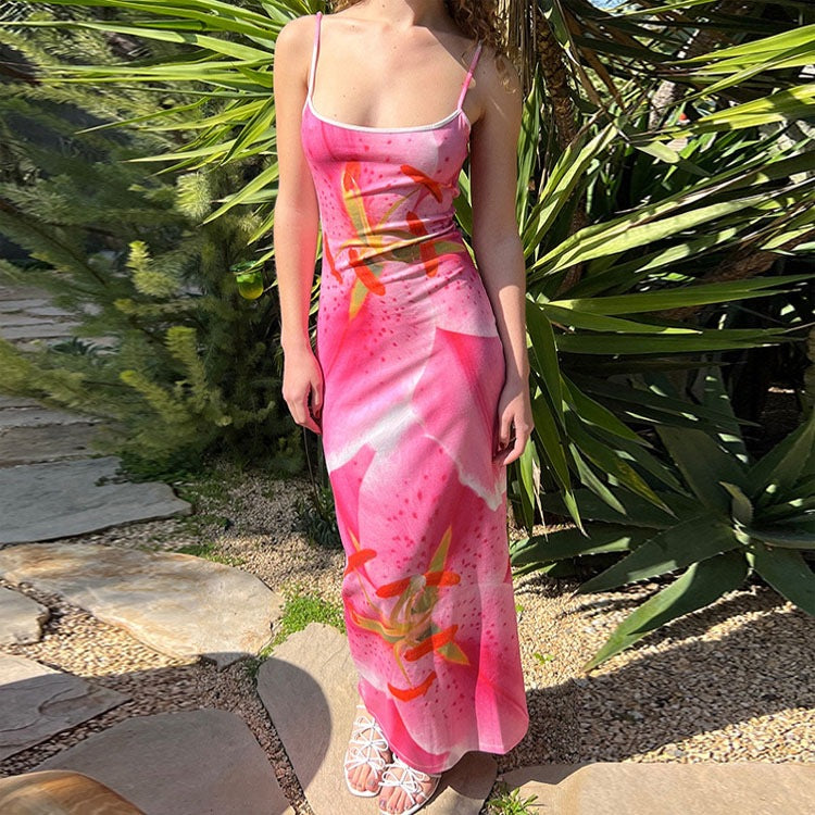 Large Floral Lily Print Spaghetti Strap Scoop Neck Bodycon Maxi Dress