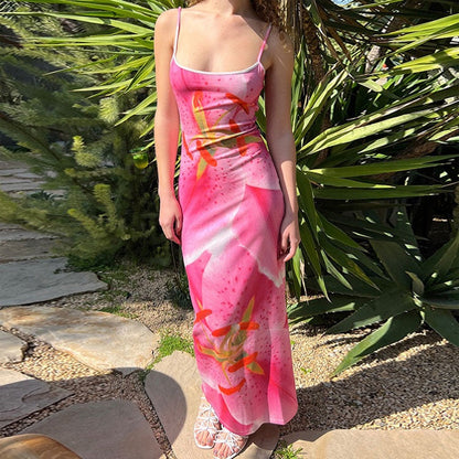 Large Floral Lily Print Spaghetti Strap Scoop Neck Bodycon Maxi Dress