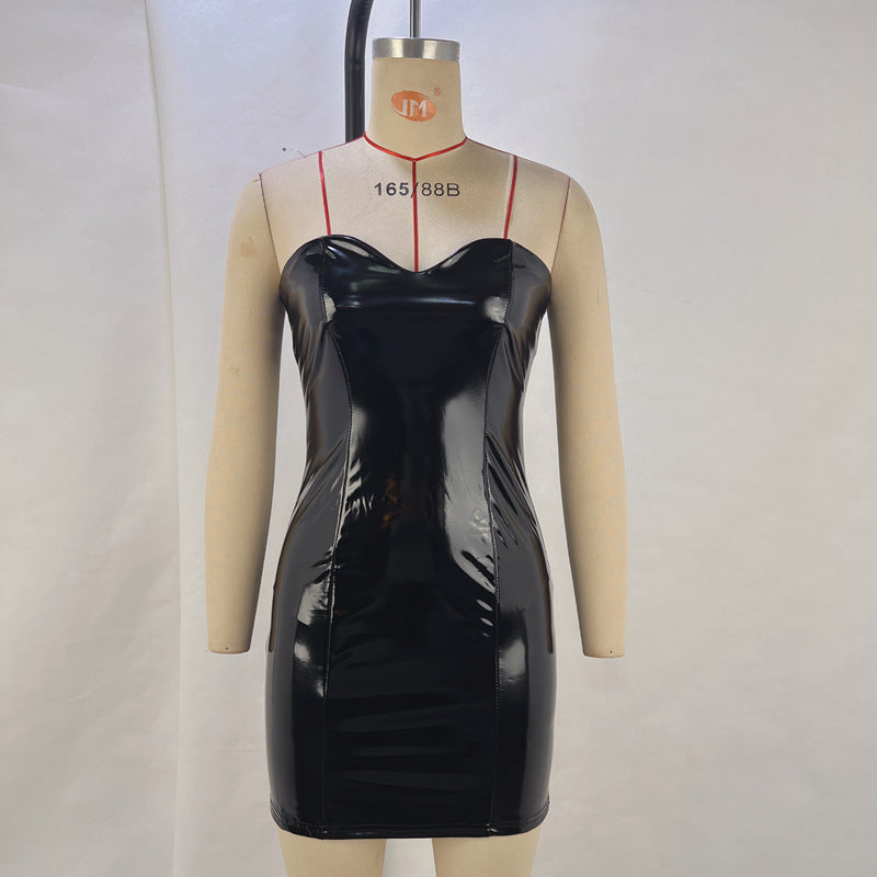 Mirror Faux Leather Bandeau One Shoulder Waist Tight Hip Wrapped Nightclub