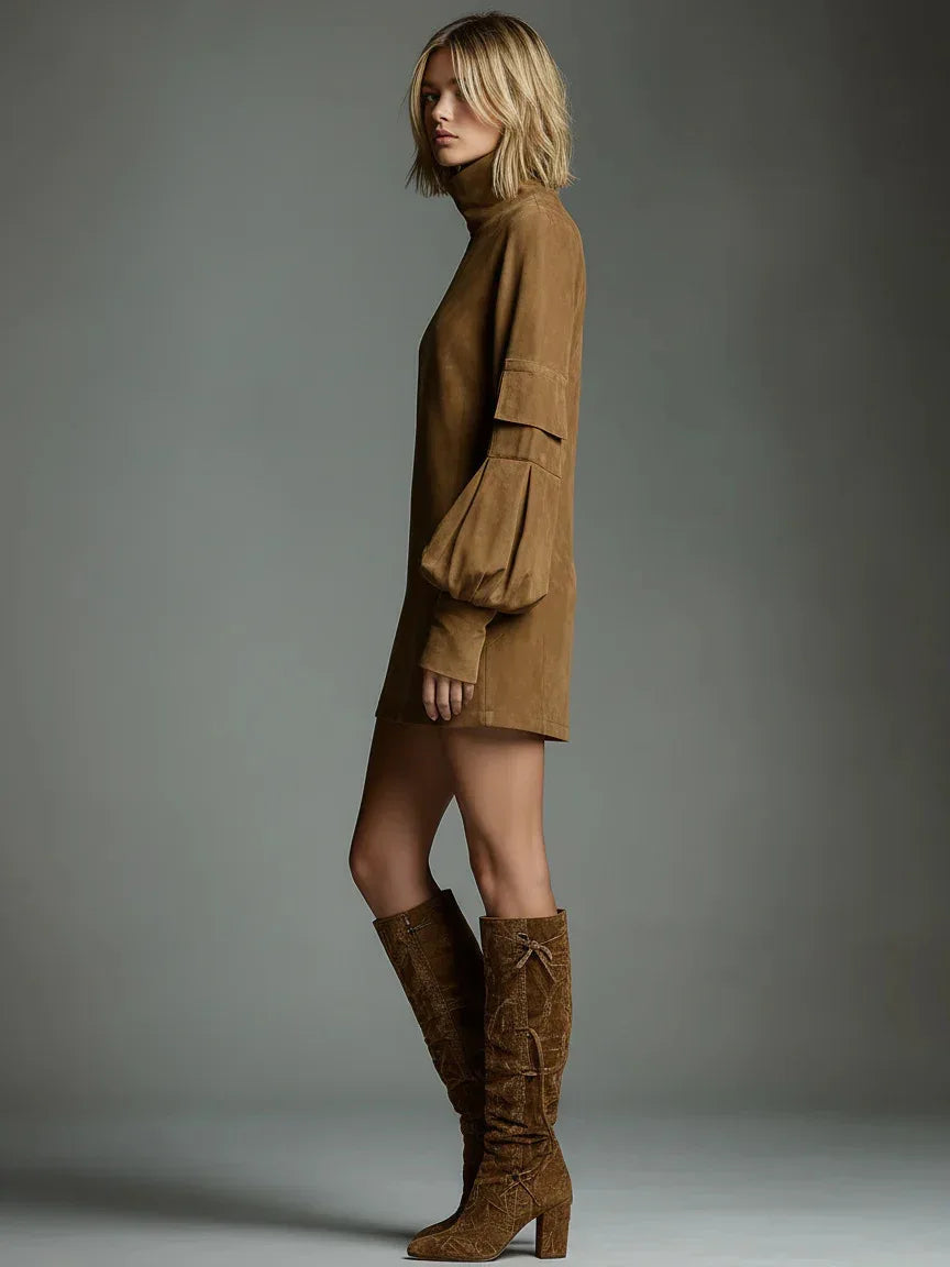 Women faux suede retro lapel mini dress