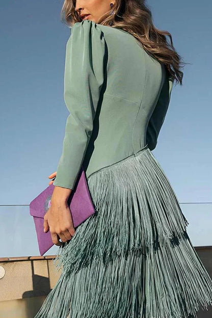Solid Color V-Neck Long Sleeve Elegant Tassel Maxi Dress