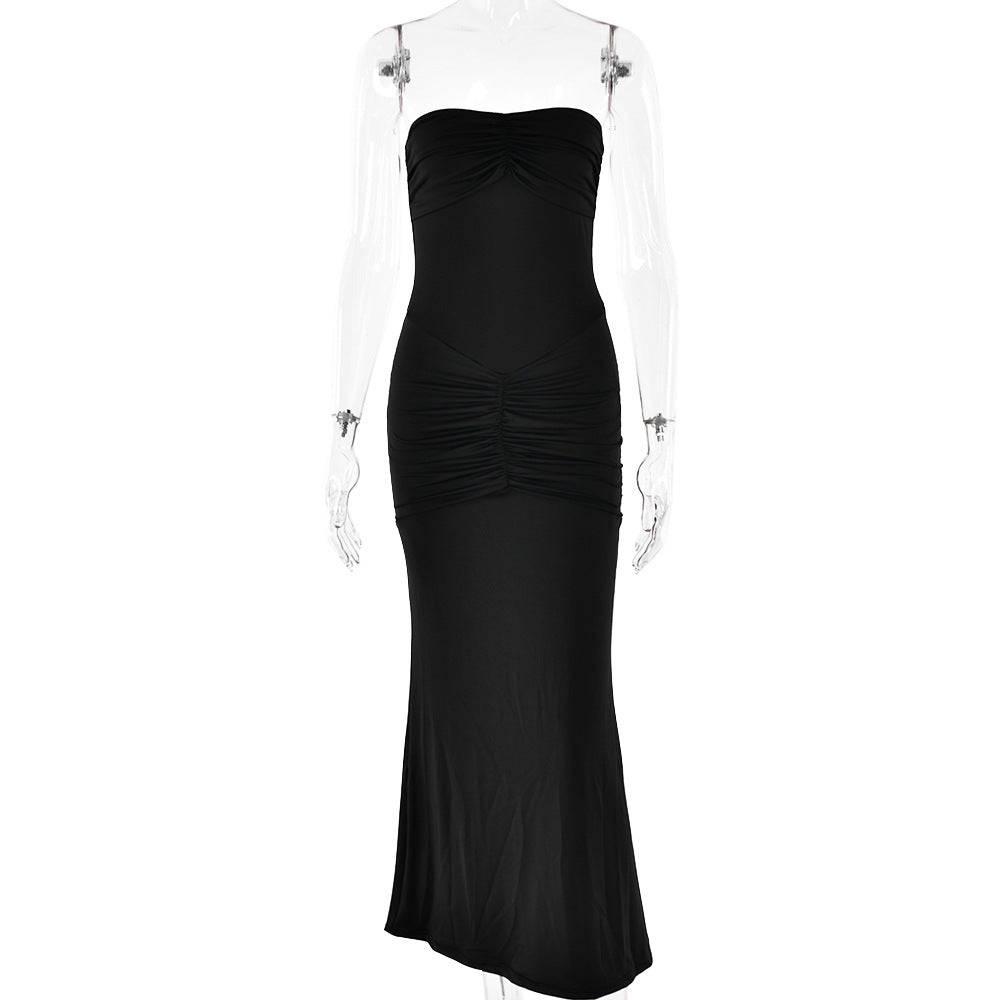 Strapless Ruched Front Bodycon Column Maxi Dress