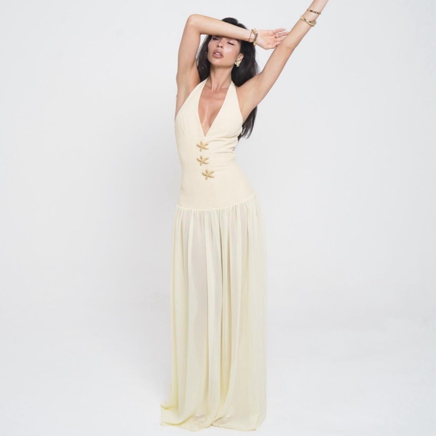 Decorative stitching tie waist long dress