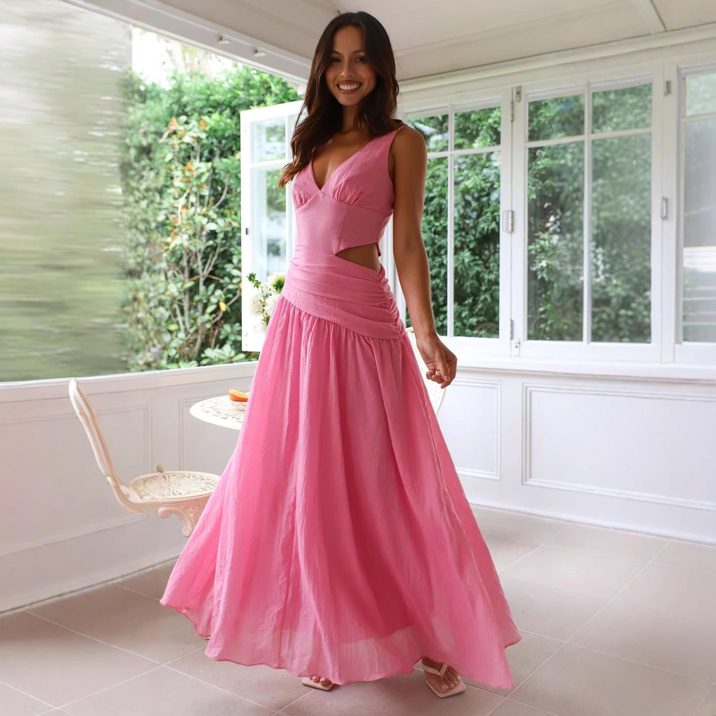 Deep V Neck Sleeveless Side Cutout Asymmetric Ruched Waist Maxi Dress