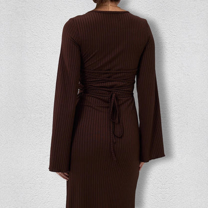 Bandage Big Pit Strip U Neck Long Sleeved Dress