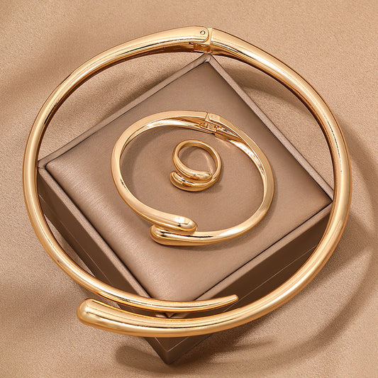 3 Piece Heavy Geometric Bracelet, Ring & Necklace Set