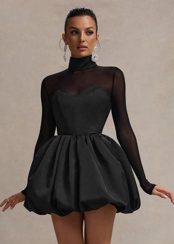 Mock Neck Sheer Sleeve Sweetheart Bubble Hem Mini Dress
