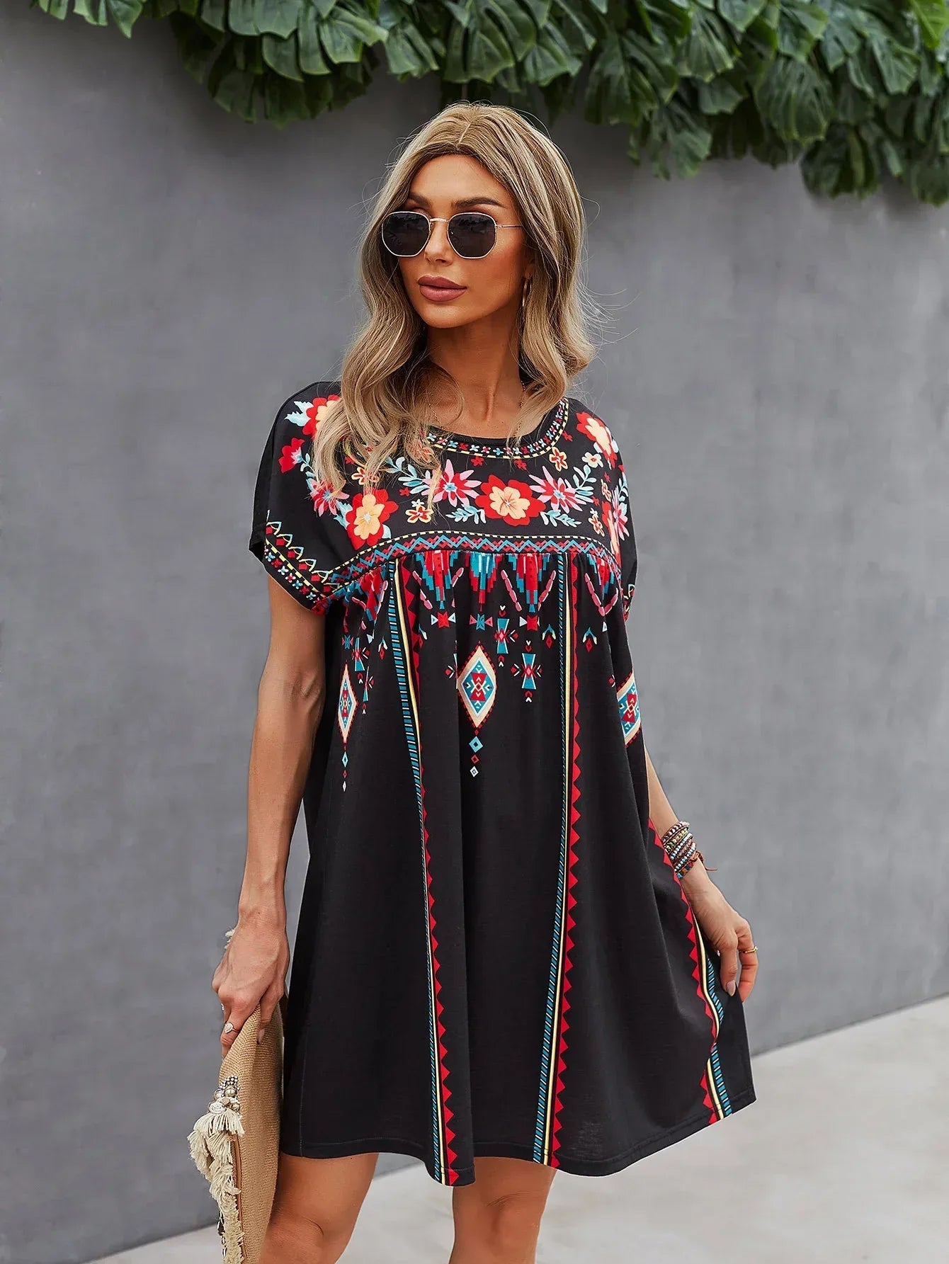 Boho Embroidered Black Babydoll Mini Dress