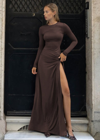 Long Sleeve Crew Neck Ruched Hip High Split Bodycon Maxi Dress