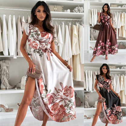 Oversized Floral Wrap V-Neck Belted High Slit Maxi Dress