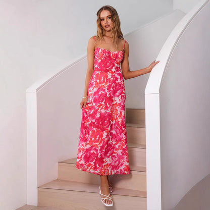Large Floral Print Ruched Bust Spaghetti Strap Sweetheart Midi Dress