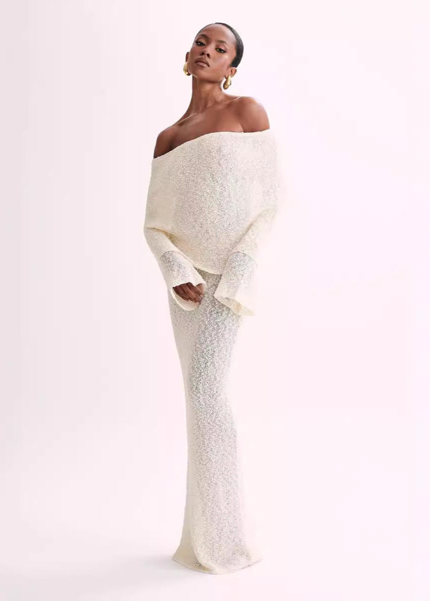 Off Shoulder Foldover Cuff Metallic Knit Bodycon Maxi Dress