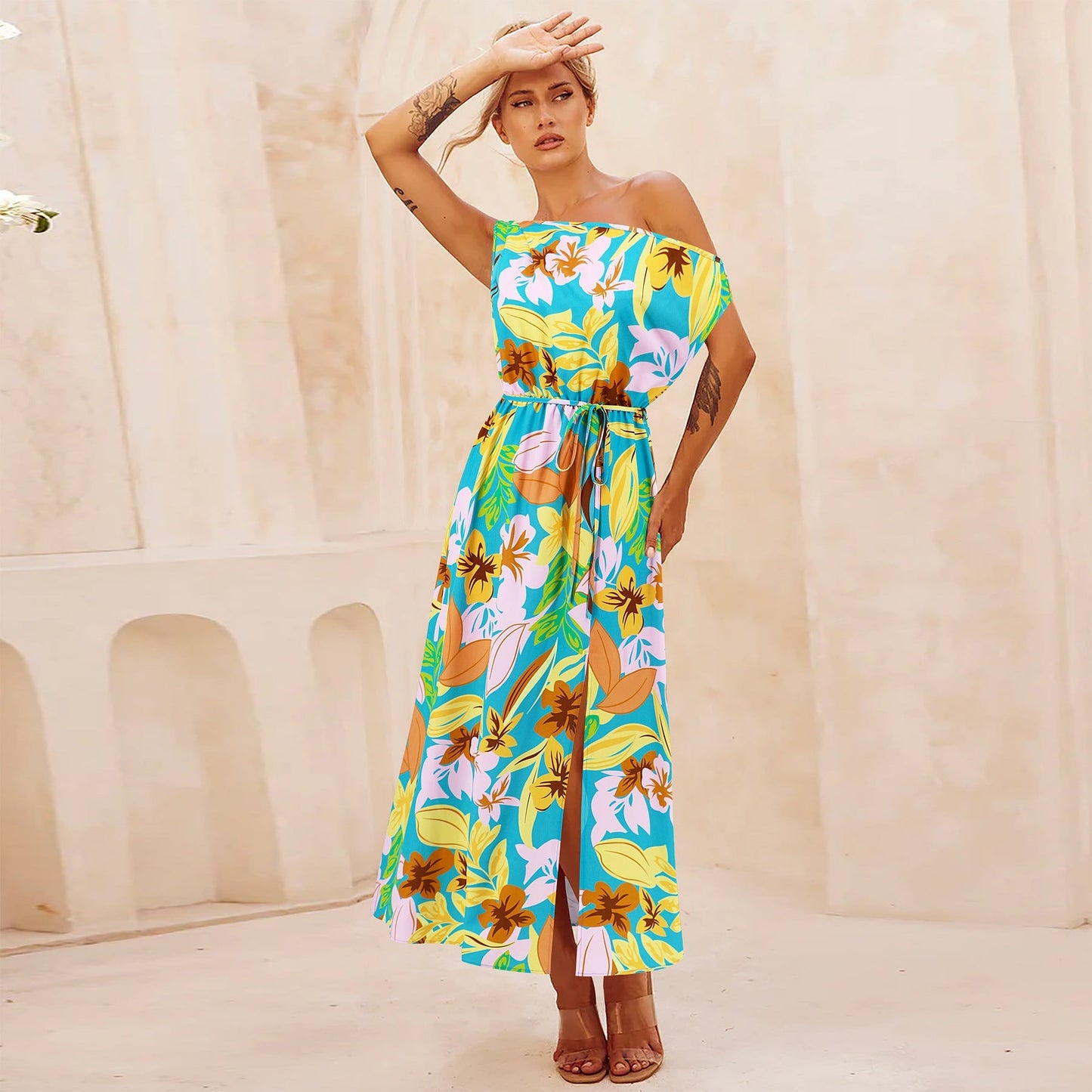 Elegant Slim Printed Dress Off Neck Slit Belt Dress