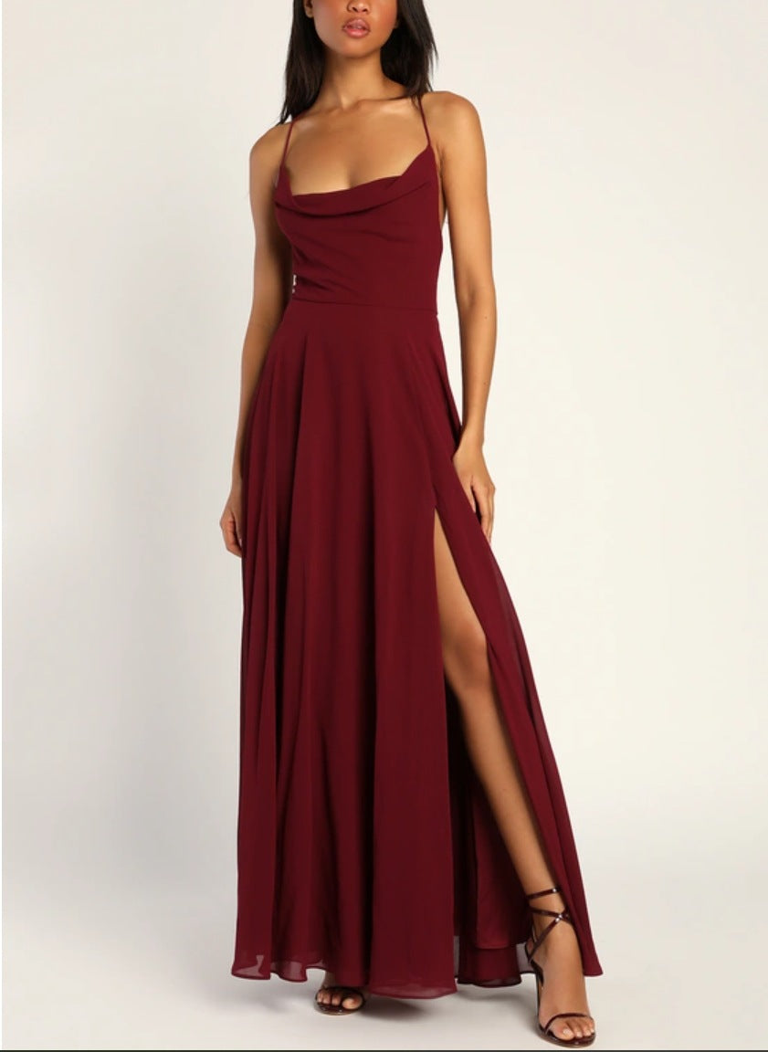 Cowl Neck Spaghetti Strap High Slit A-Line Chiffon Maxi Gown