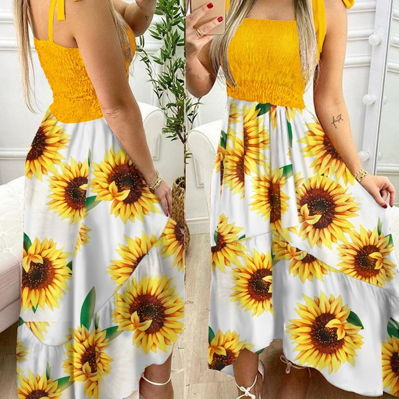 Smocked Tie-Shoulder Floral Print Tiered Asymmetrical Maxi Dress