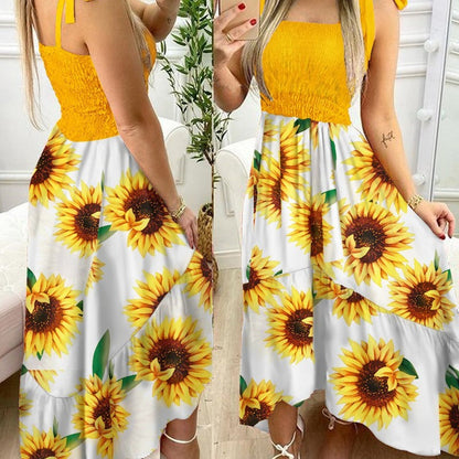 Smocked Tie-Shoulder Floral Print Tiered Asymmetrical Maxi Dress