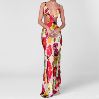 Hawaiian Dreams Satin Floral Print Cutout Backless Maxi Dress