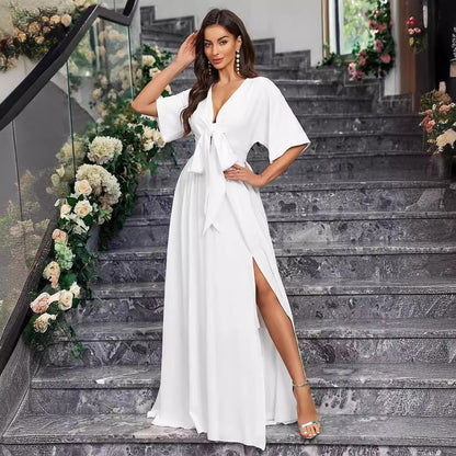 Plus Size Elegant White V neck Split Half Sleeved Lace up Ladies Dress