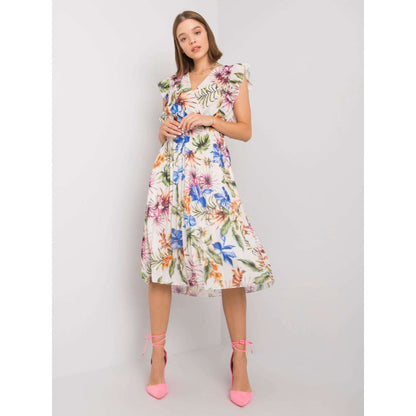 Large Floral Print Surplice V-Neck Ruffle Shoulder Pleated Belted Midi Dress