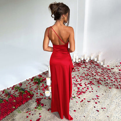 One Shoulder Ruched Satin High Slit Floor Length Maxi Gown
