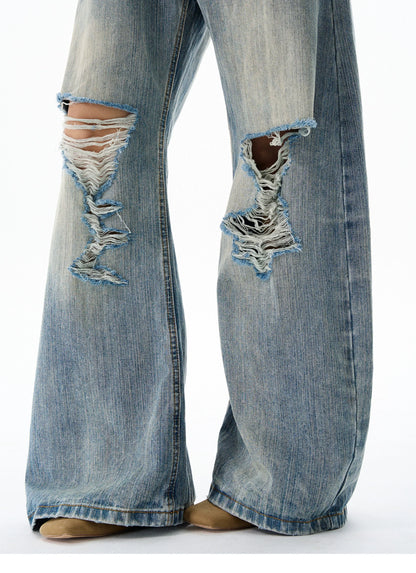 Heavy Knee Distressed Wide Leg Blue Jeans