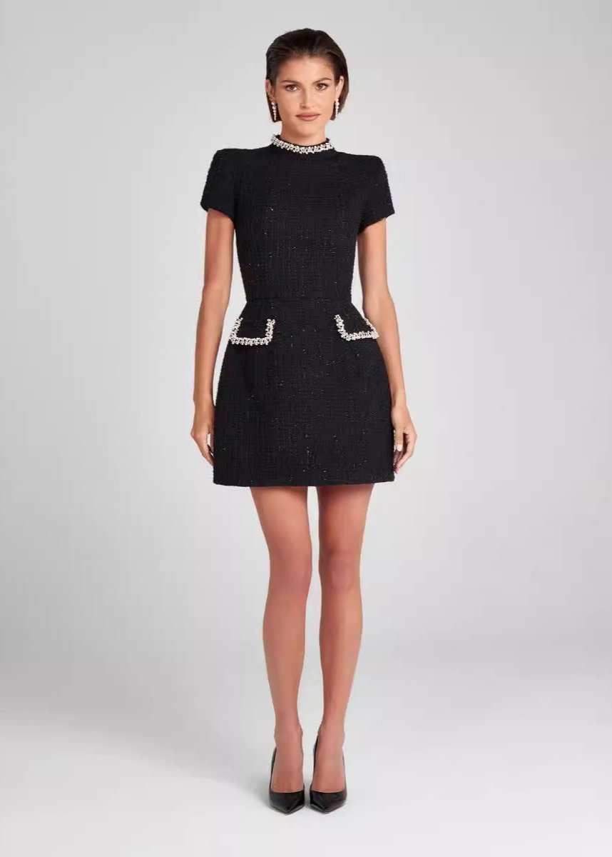 Mock Neck Pearl Crystal Embellished Pocket Tweed Mini Dress