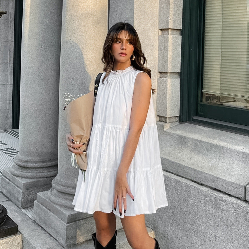 Round Neck Bow Lace Up Tiered Ruffle Sleeveless Mini Dress