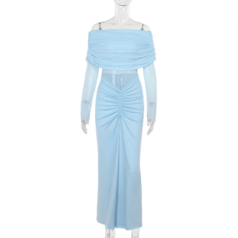 Off Shoulder Mesh Pleated Ruched Bodycon Maxi Dress