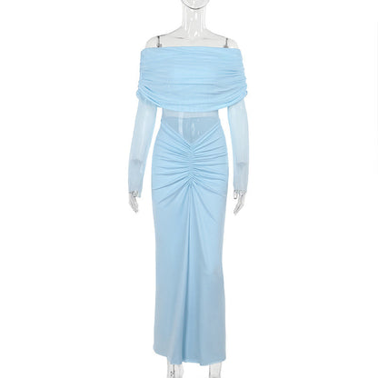Off Shoulder Mesh Pleated Ruched Bodycon Maxi Dress