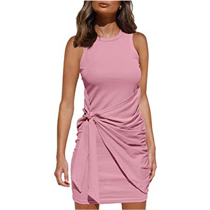 Crew Neck Side-Tie Knot Ruched Tank Bodycon Mini Dress